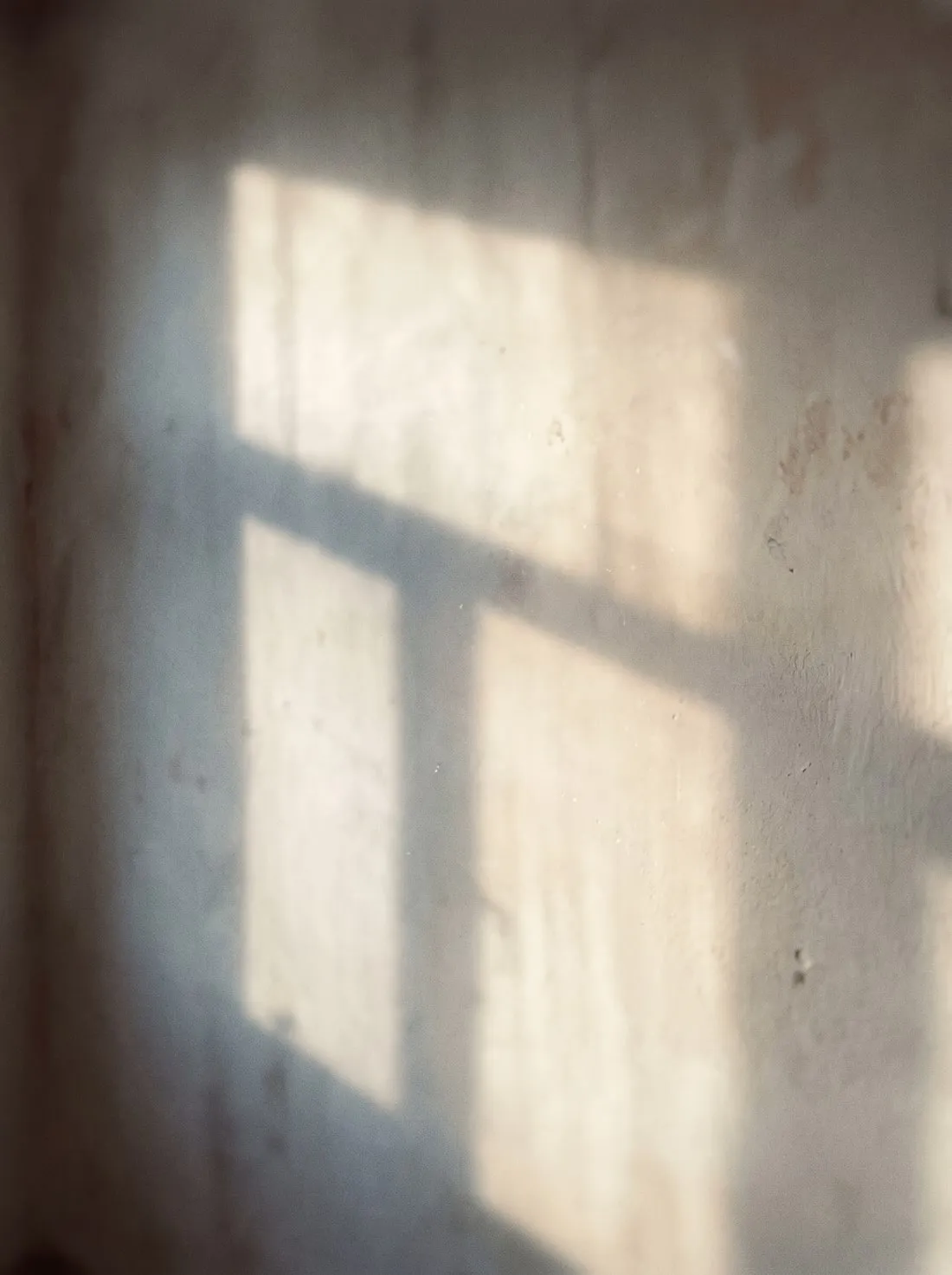 Late afternoon light casting a window shadow across a bare wall.